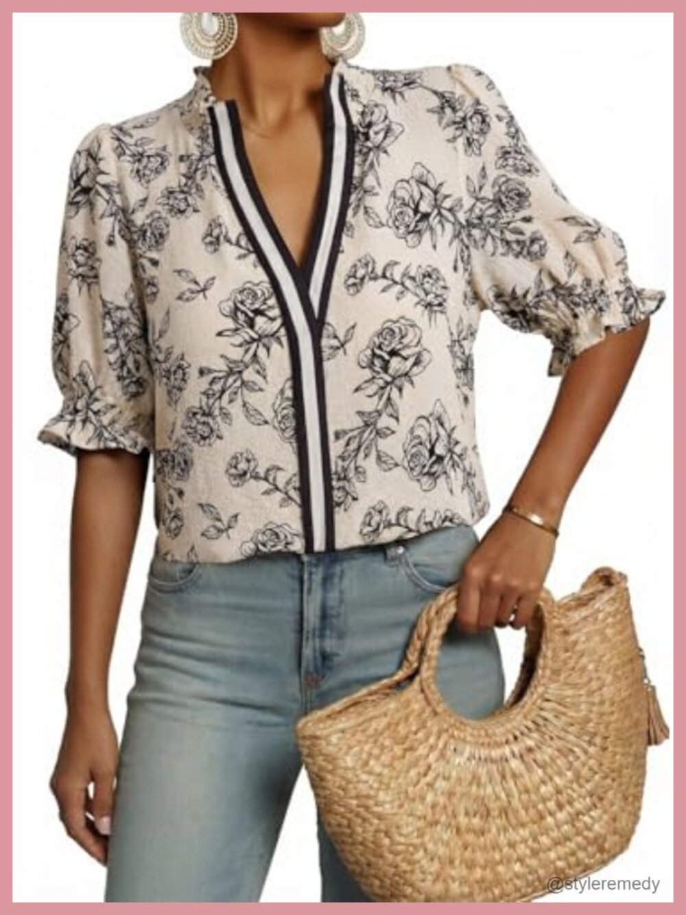 Boho Floral Ruffle Puff Short Sleeve V Neck Blouse Top Loose Fit